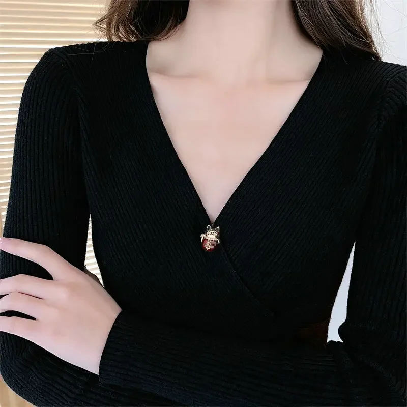 Высококачественный нишевый фиксированный кардиган из 100 предметов, антибликовая игла с V-образным вырезом, небольшой костюм, воротник рубашки, игла, стежка лошади