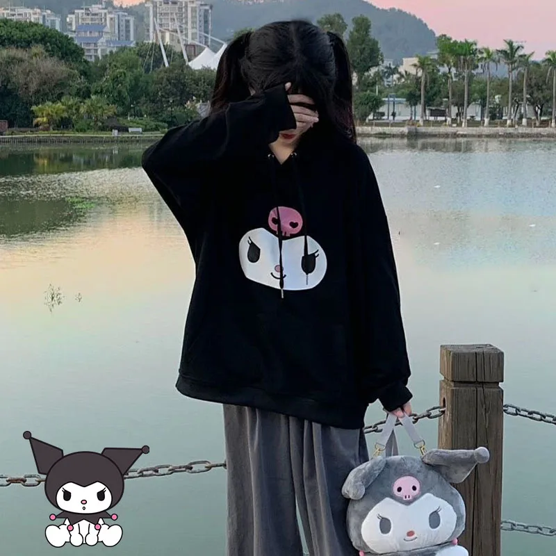 Sanrios Cartoon Kuromi Print Black Hooded Sweatshirt Women Autumn Winter Velvet Warm Hoodie Student College Loose Thicken Jacket