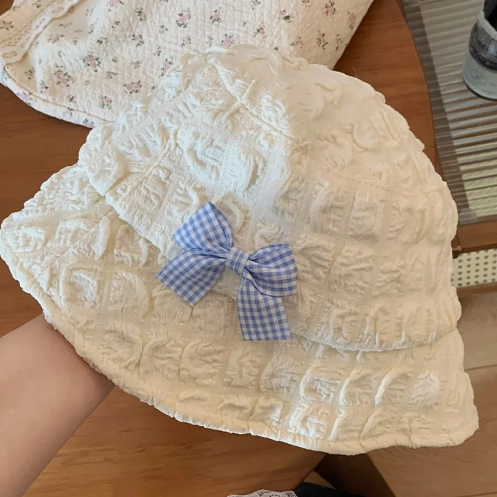 Ins Bow Bucket Caps قبعات أنيقة حلوة النسيج القطني خفيفة الوزن عارضة قبعة واقية من الشمس السفر