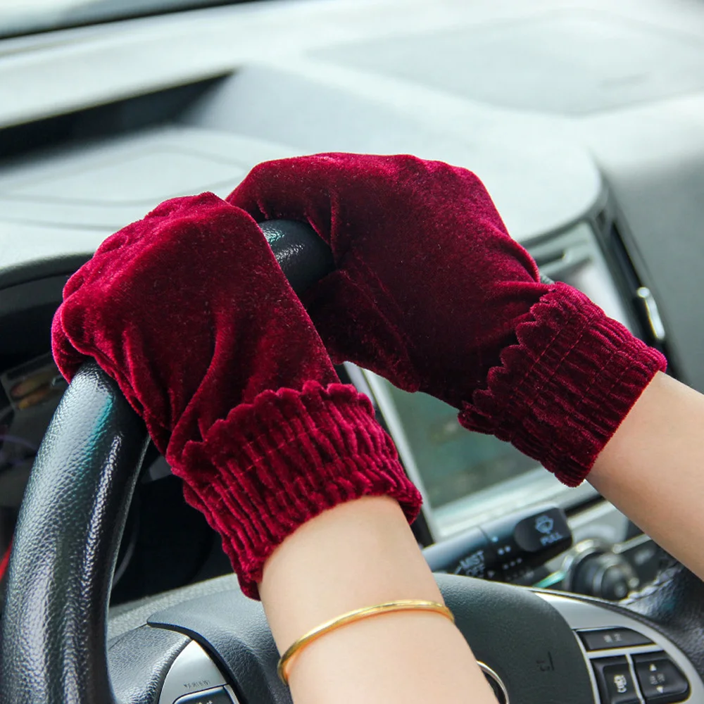 Winter Etiquette Soft Women Autumn Solid Full Finger Mittens Elastic Driving Gloves Gold Velvet Gloves