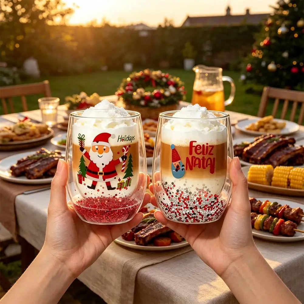 Decorative Xmas Cocktail Glasses Glitter Christmas Wine Glass 300ml Double Layer Tumbler Festive Holiday Drinkware Buffalo Plaid