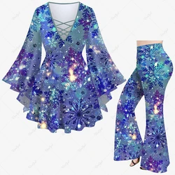 Camiseta de manga acampanada entrecruzada o pantalones acampanados, conjunto informal a juego para mujer, traje con estampado 3D de copos de nieve, brillo de galaxia degradado