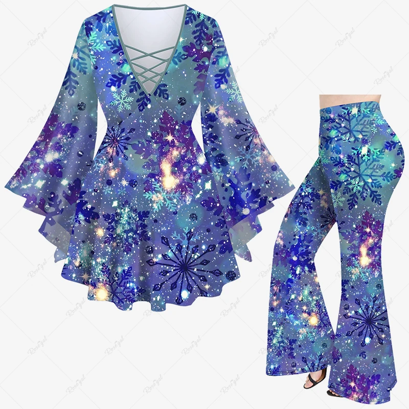 Rosegal Nowy damski codzienny zestaw dopasowujący Snowflake Ombre Galaxy Glitter 3D Print Crisscross Flare Sleeve Top Or Flare Pant