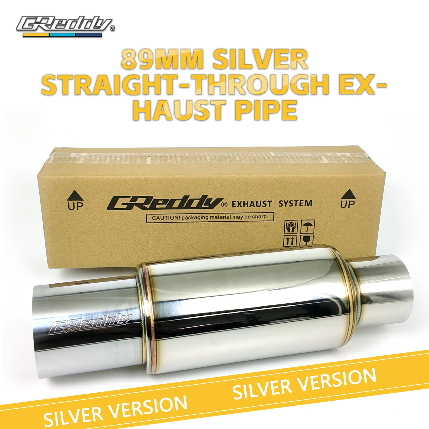 GReddy Style 89mm Silver Straight-Throught Exhaust Muffler,Thick Stainless Steel Car Exhaust Pipe Tail Section Universal Fit