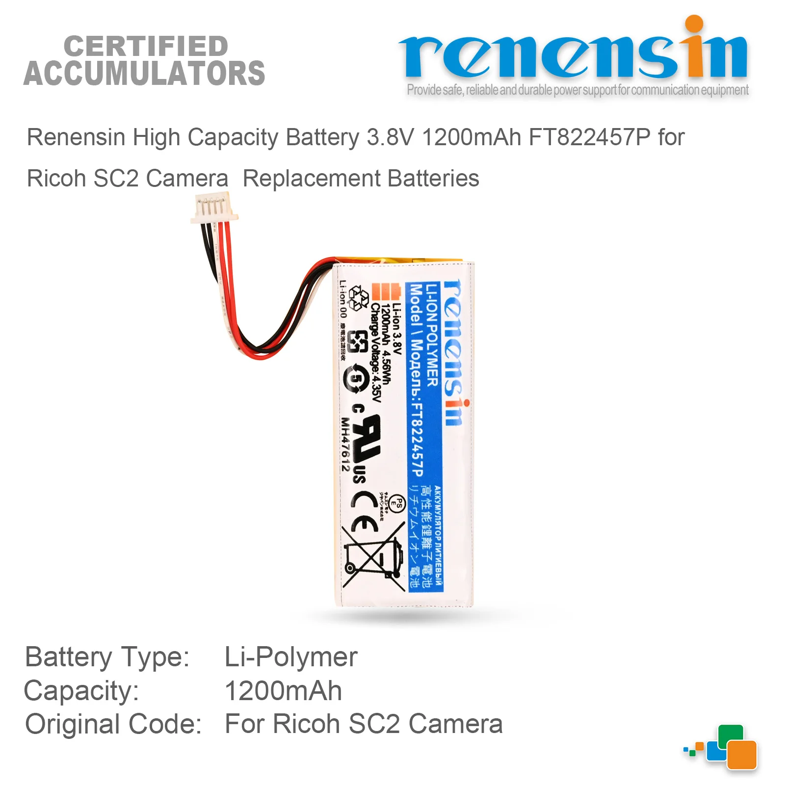 Renensin High Capacity Battery 3.8V 1200mAh FT822457P for Ricoh SC2 Camera  Replacement Batteries