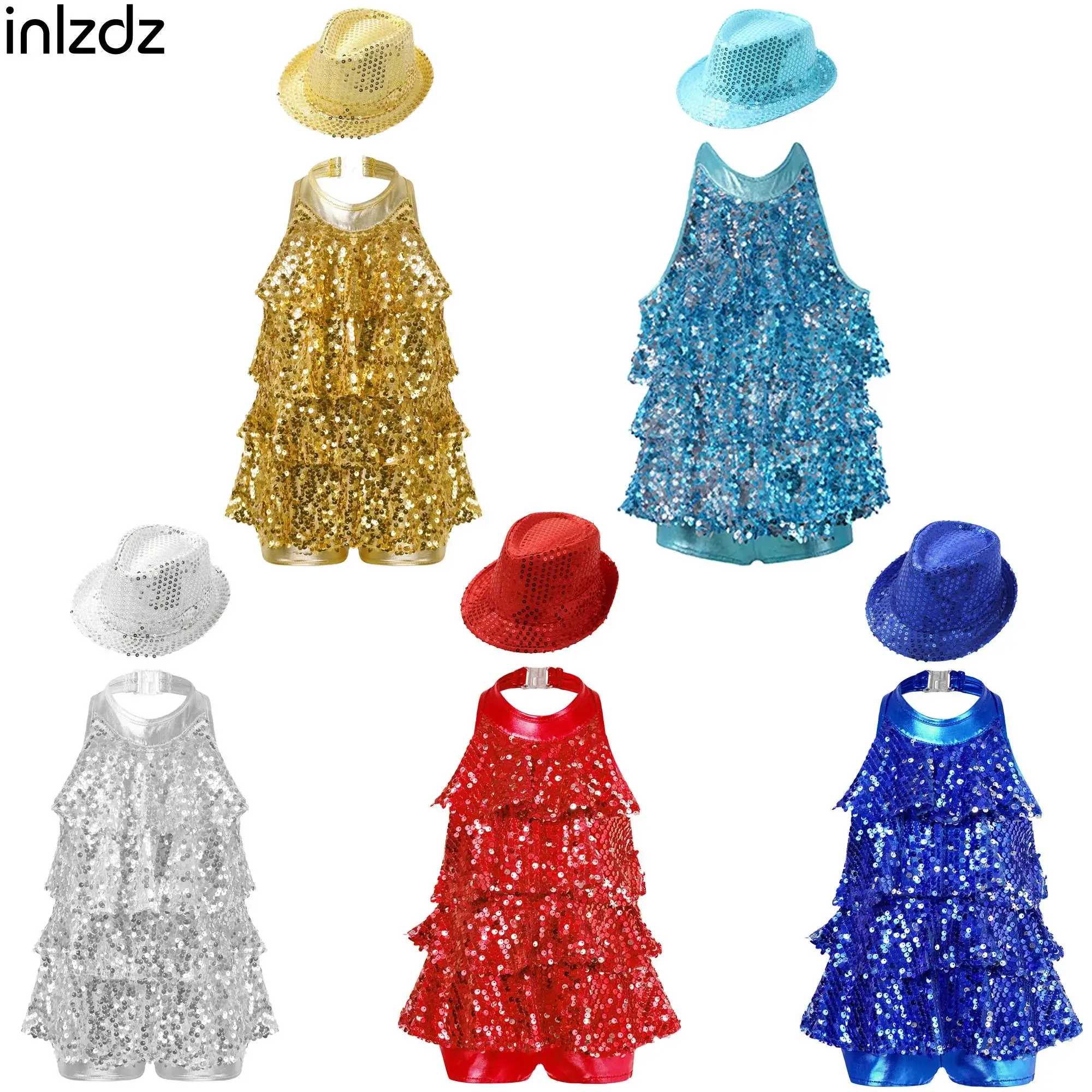 

Girls Shiny Sequins Jazz Latin Dance Outfit Modern Cha-cha Performance Set Halter Ballet Dance Shorty Unitard Dress with Hats