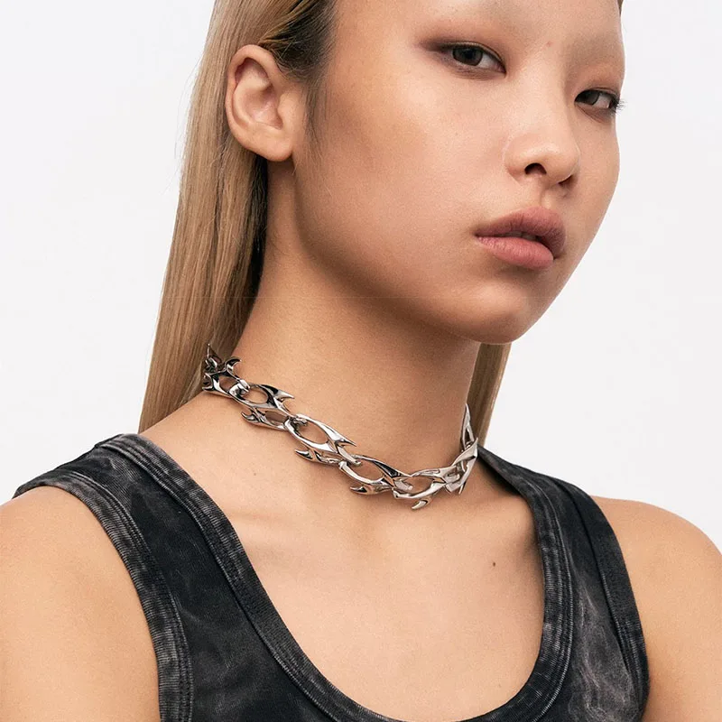 Punk Copper Alloy Thorn Cutout Neck Jewelry Accessories, Stylish Necklaces for Female Male, Cool Spiky Link Neck Decoration for