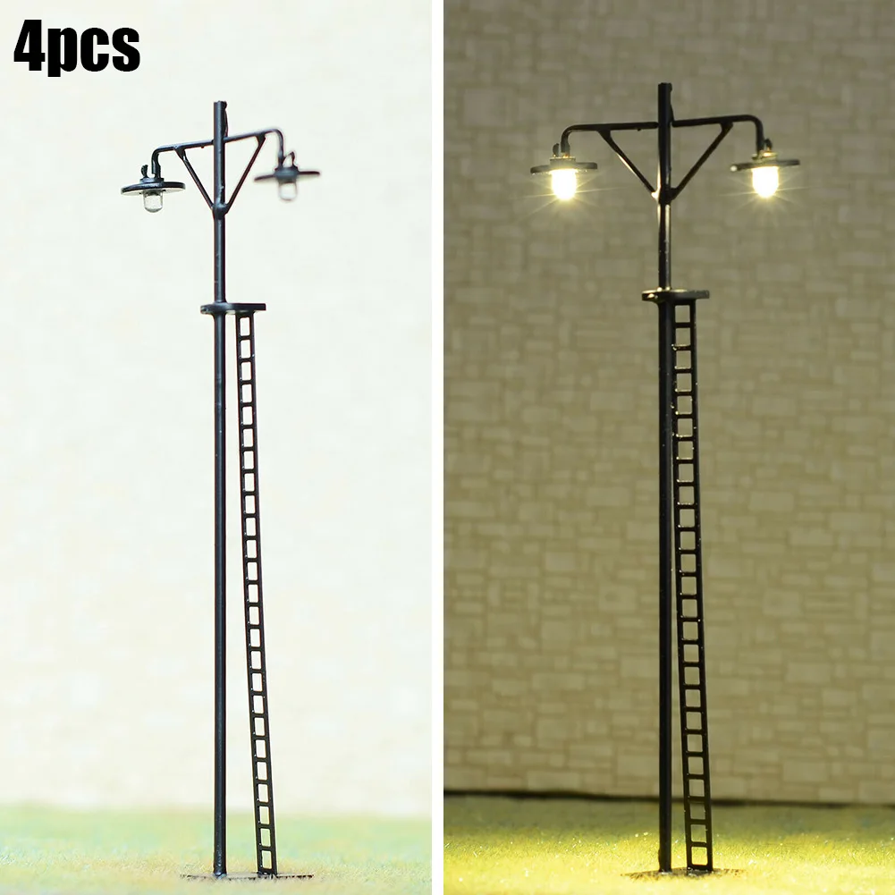 4 x HO Scale LED Yard Lights for Model Train Layouts Railroad Street Station Lamp Posts with Resistors for 9V 16V DC Metal Body