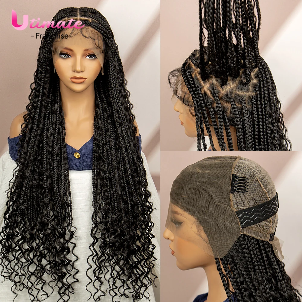 Synthetische Full Lace Bohemian Box geflochtene Perücken mit Babyhaar Boho Box geflochtene Perücken lockiges Haar Full Lace Front Perücken