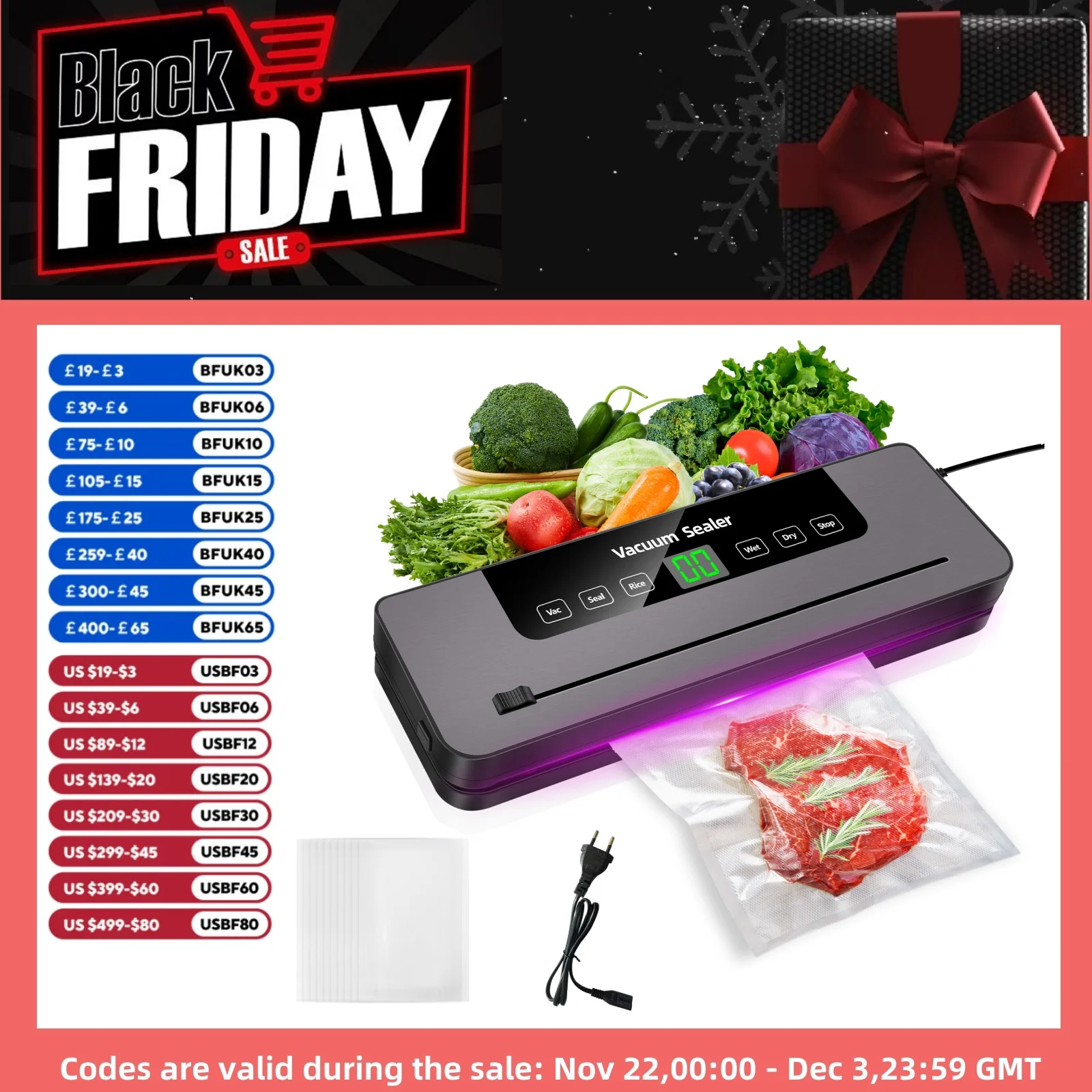 5-in-1 Multi-Functional Vacuum Sealer Food Vacuum Sealer Machine Automatic Food Sealer for Food Preservation With 10 Sealer bags