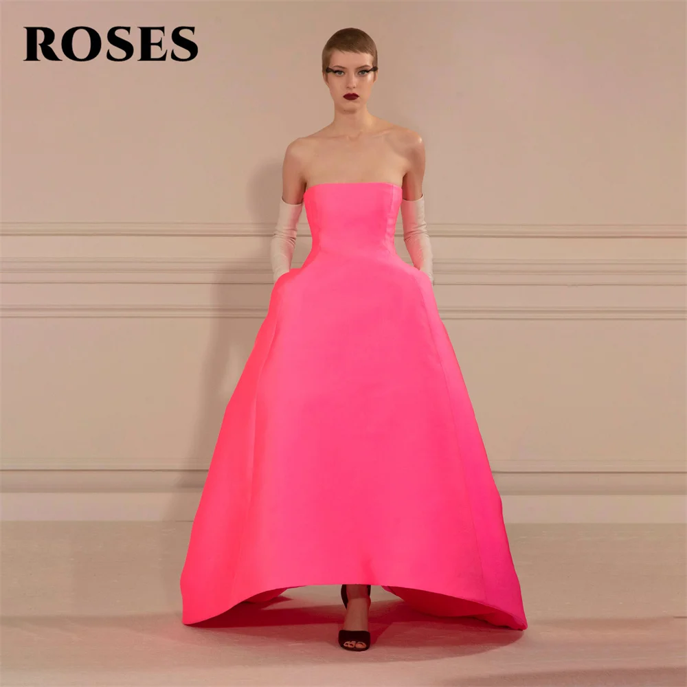

ROSES Pink Stain Evening Dress Strapless Elegant Prom Dresses Pleats A-Line Wedding Evening Dress robes de soirée Customized