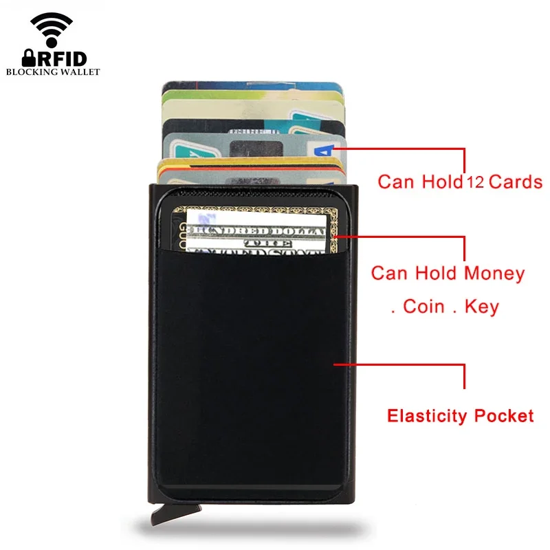 남성용 더블 메탈 케이스 팝업 카드홀더, RFID 차단 방지 알루미늄 지갑, 남성용 매직 스마트 지갑, 소형 미니멀리스트 지갑