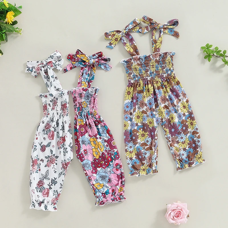 

2024-05-05 Lioraitiin Baby Girl Summer Romper Overalls Casual Floral Print Tie Straps Sleeveless Jumpsuit Pants Newborn Clothes