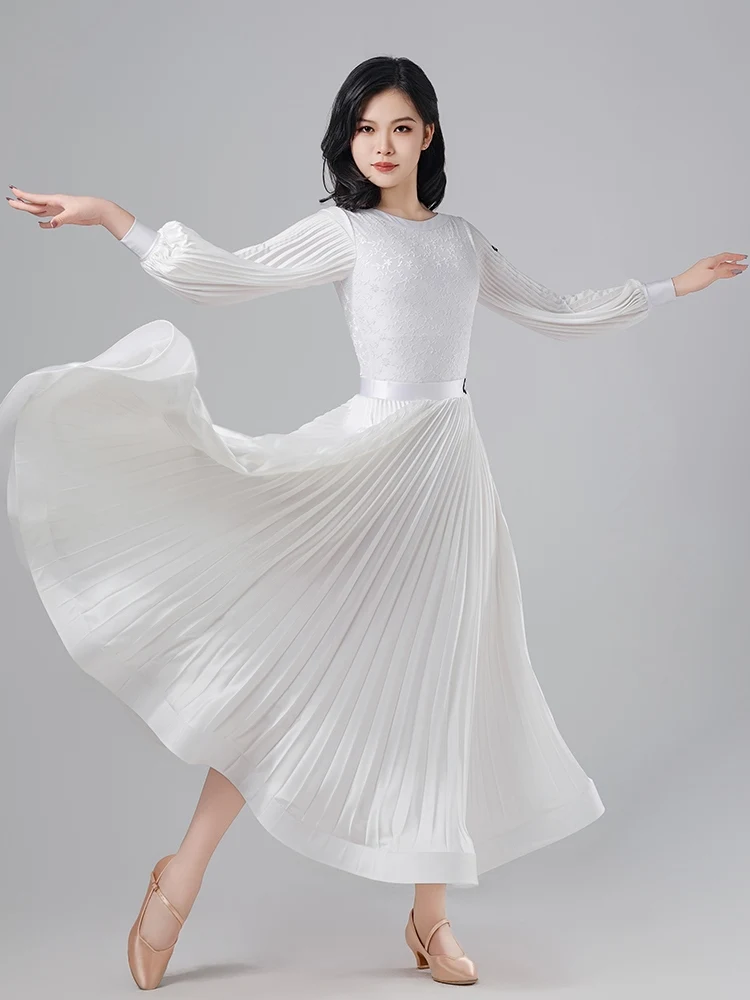 2024 Children Modern Dance Dress For Girls White Long Sleeved Waltz Skirt Suit Chacha Ballroom Dance Performance Wear DQS16950