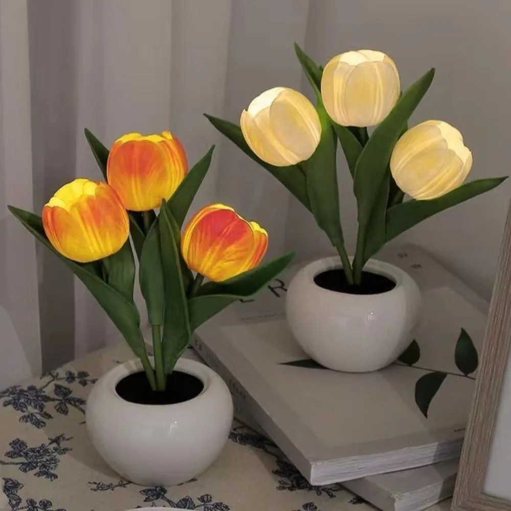 ทิวลิปโคมไฟตั้งโต๊ะ LED โคมไฟข้างเตียงดอกไม้จําลองช่อดอกไม้ห้องนอนข้างเตียงบรรยากาศโรแมนติกของขวัญวันเกิดตกแต่งบ้าน