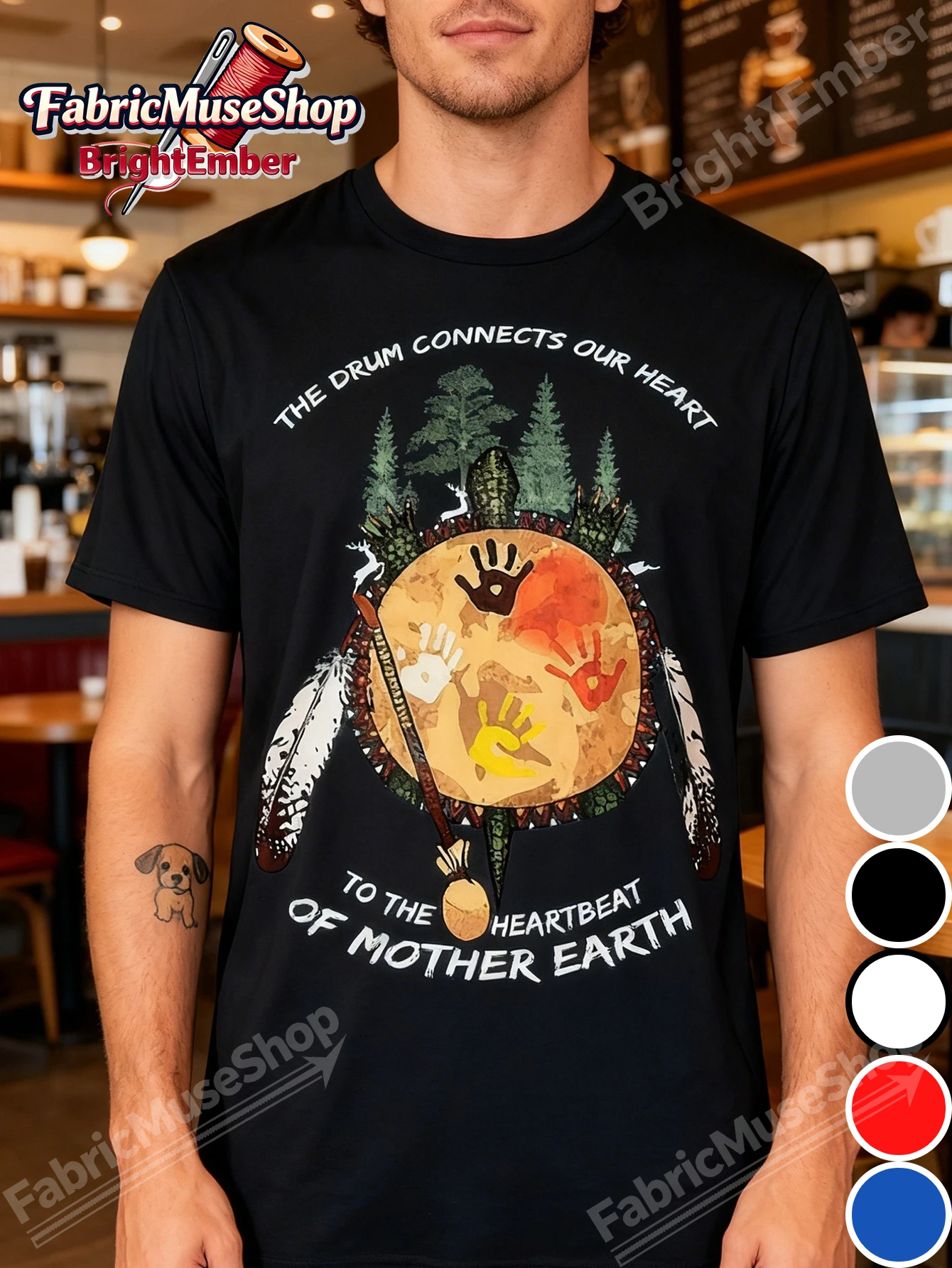 Men's Native American Drum Heartbeat Graphic Tee, Men's 100% Cotton Crew Neck T-Shirts, Classic Fit Casual Attire; Multiple Size
