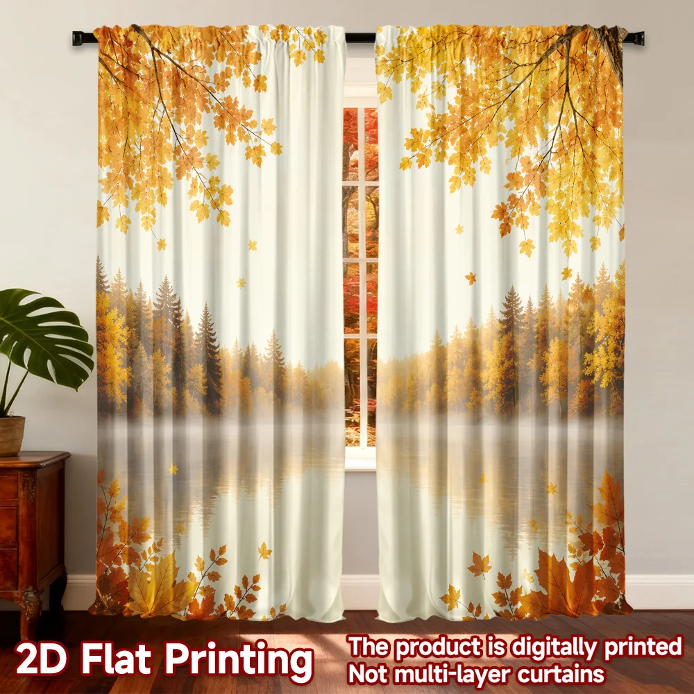 2PCS Digital Print Curtains Autumn Lake Maple Forest Fall Rod Pocket