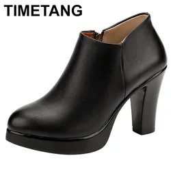 8cm 10cm Small Size 32-43 British Style Deep Mouth Platform Shoes Woman Block High Heels Thick Bottom Leather Shoes Office