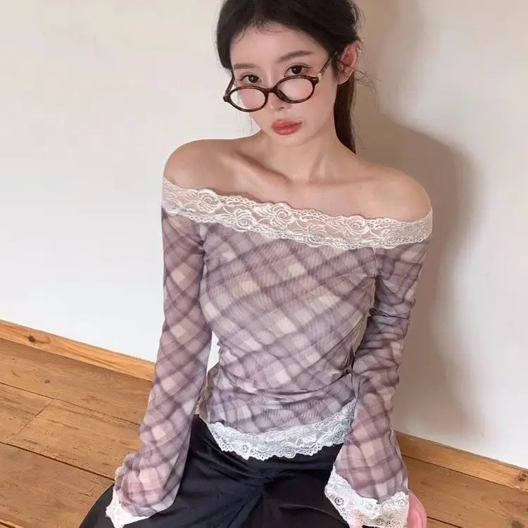 Korean Spicy Style Sexy Striped One Shoulder Long Sleeved T-shirt Women Spring Lace Versatile Irregular Sun Protection Base Top