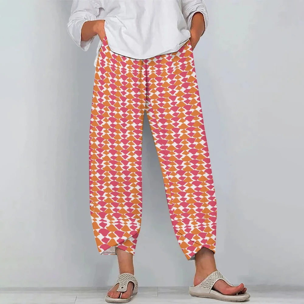 

Women's Orange Print Design Pants Folded Legs Casual Trousers Oversized Daks Summer One-Piece Side Pockets Versatile