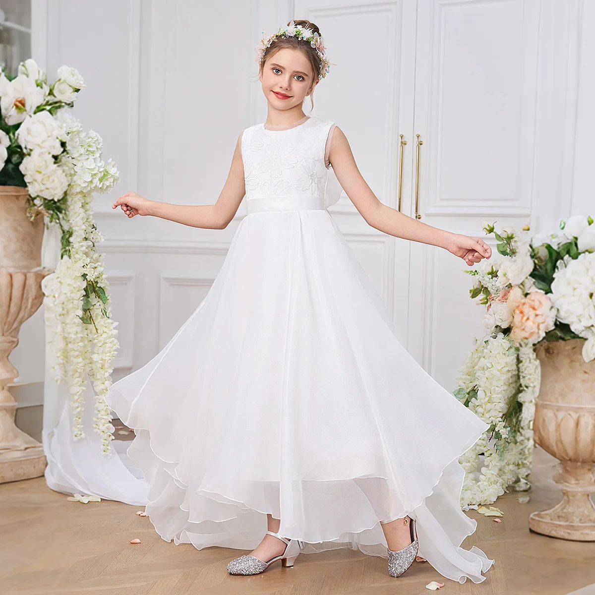 

Fashion White Bridesmaids Party Girl Dress Elegant Flower Wedding Princess Prom Gown Kids First Communion Birthday Baptism Dress