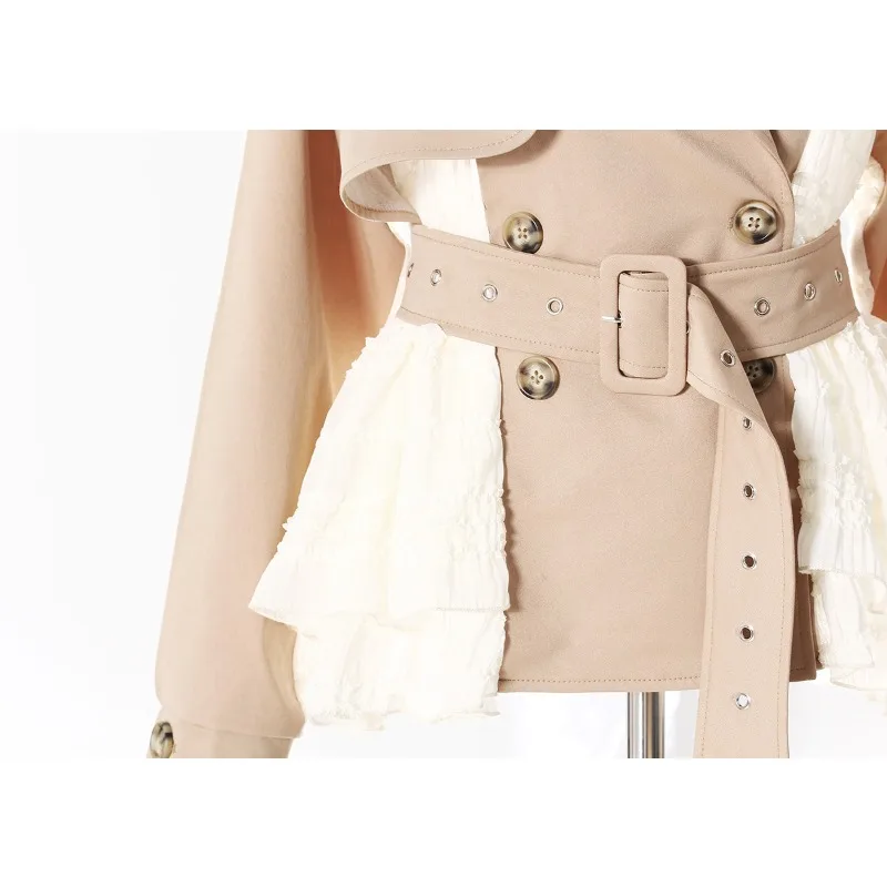 Women Spring Autumn Jacket Top Suit Trench Coat Lace Splicing Waist Slim Short Loose Long Sleeve Niche Vintage Fashion Brand