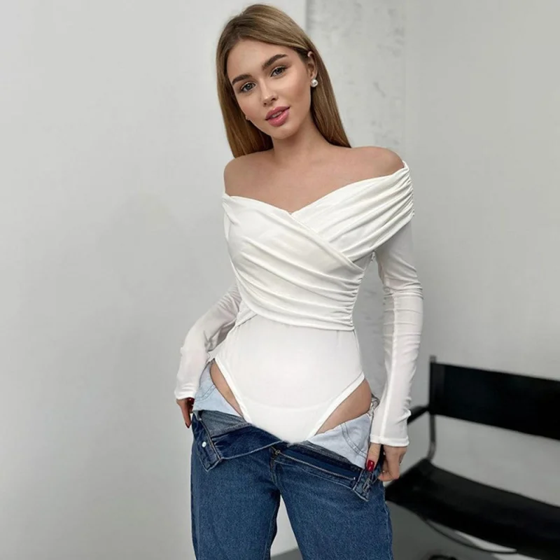 Europe and America Cross Border Women's Clothing Sexy Hot Girl Slim Top Solid Color FashionVCOLLAR off-the-Shoulder Stitching Lo