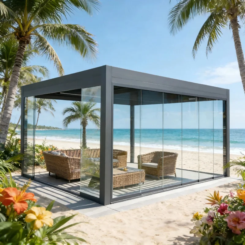 Pérgola Motorizada para Exteriores en Aluminio, Gazebo Bioclimático con Techo de Láminas, Gazebo con Patio Deslizante de Vidrio, Pérgola para Exterior