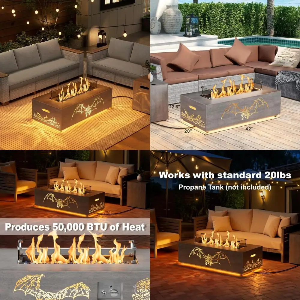 42 tavolo per braciere a propano da esterno illuminato a LED con 50.000 BTU, protezione antivento, coperchio, rocce e copertura per uso nel patio