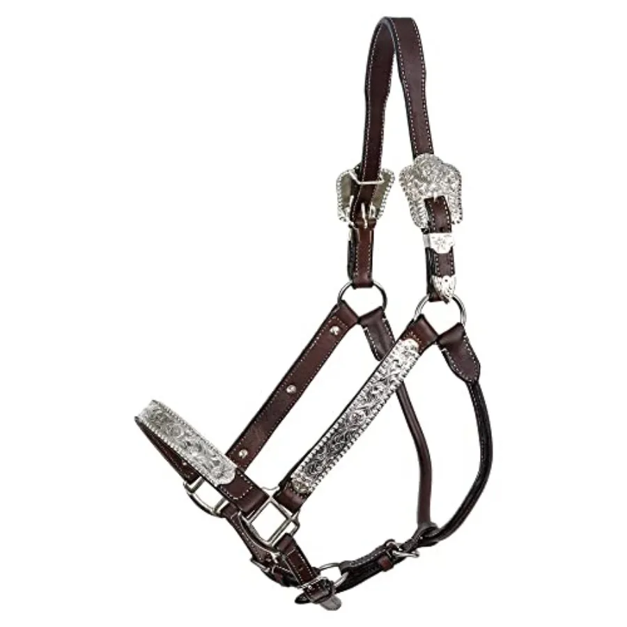 Beaded Silver Plated Show Halter for Horses with Lead Dark Oiled Leather Cream Accent Stitching Silver Plated Cheeks Nose Buckl