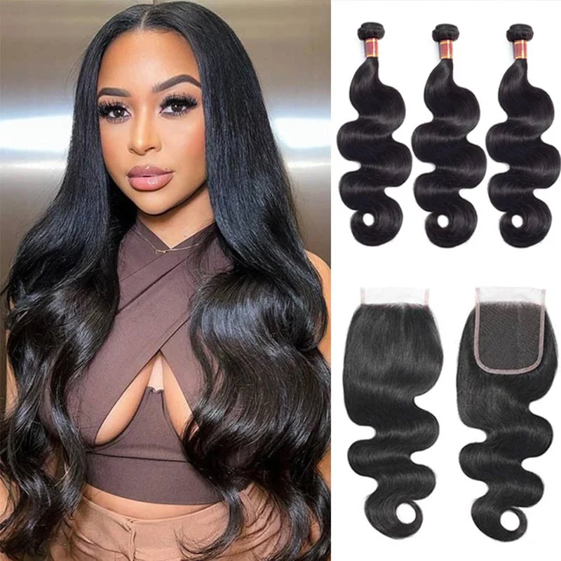 

Brazilian Virgin Hair Bundles With Closure Unprocessed Remy Human Hair Weave Body Wave 3/4 Bundles With 4x4 5x5 Lace Closure