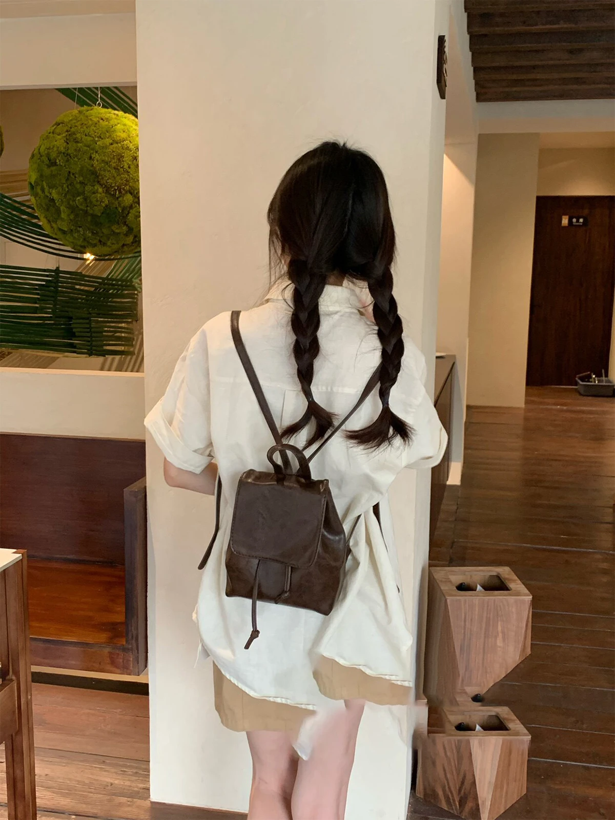 

Vintage Brown Mini Backpack Versatile Elegant Drawstring Backpack Small Shoulder Bag