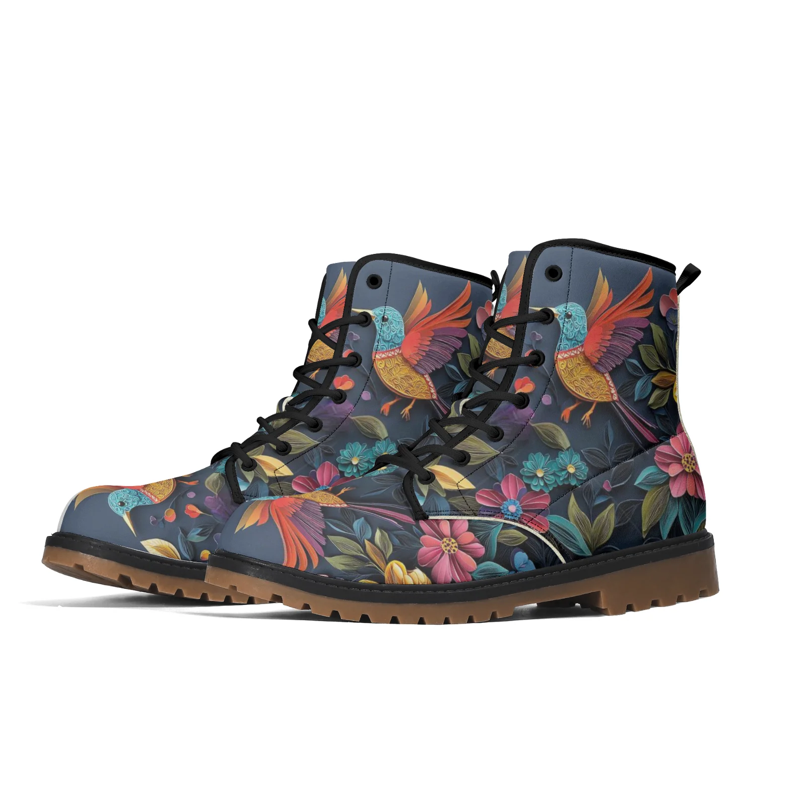 

Customized floral and bird print high boots, men's and women's street casual mid-calf boots spring and autumn boots