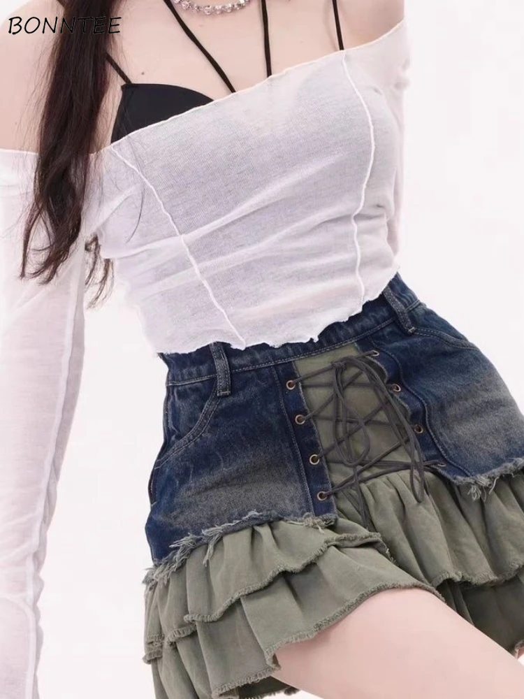 

Mini Skirts Woman Leisure Comfortable A-line Fashion Lace-up High Waist Streetwear Spring Summer Simple Korean Style Patchwork