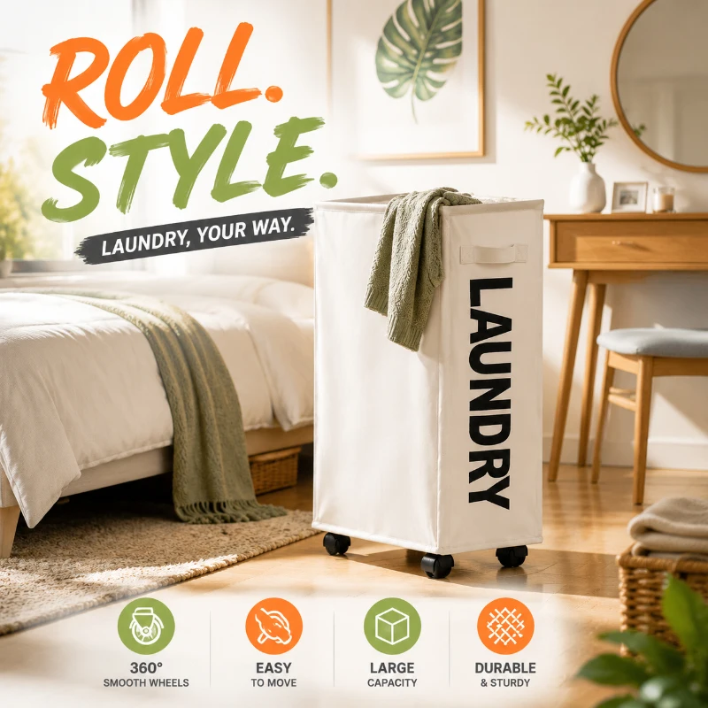 Large Foldable Waterproof Laundry Basket with Wheels, Multifunctional Storage Bin for Bathroom, Dorm & Laundry Room