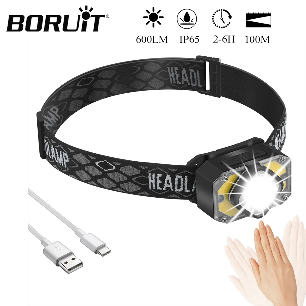 BORUiT BR05 600LM Sensor Headlamp Double Light Source Type-C Rechargeable Waterproof Headlight Camping Running Lightweight Lamp