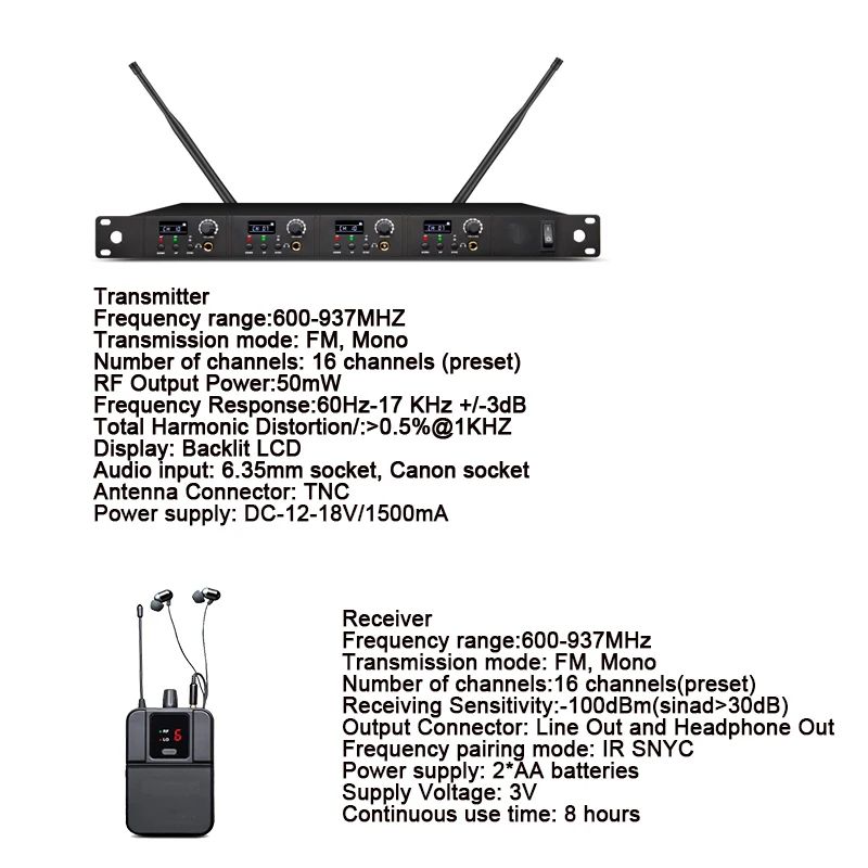 XTUGA Professional UHF 4 Channel Wireless In Ear Monitor System Stage Live Recording In-Ear Monitoring Headphone Wireless 50-80m