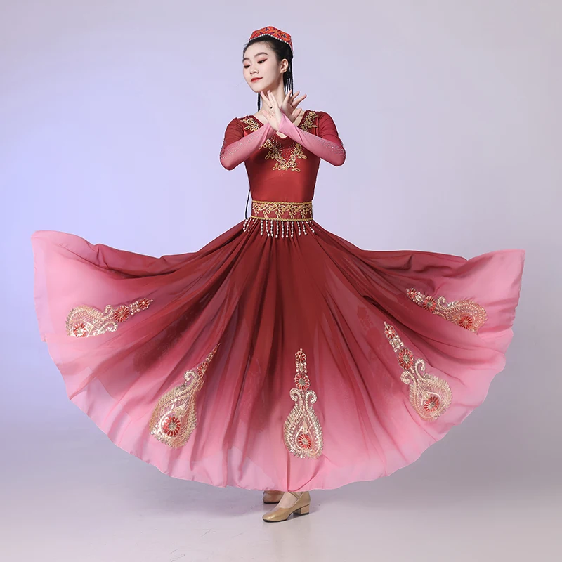 Costumes de spectacle de danse du Xinjiang pour femmes, robe folklorique ouïghoure de la minorité ethnique, jupe de scène de pratique nationale mongole et tibétaine