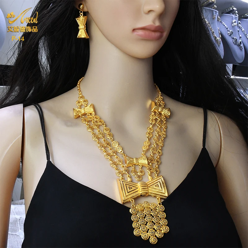 ANIID Indian 24K Gold Plated 2PCS Sets Necklace Earrings For Women Moroccan Nigerian Fashion Bridal Wedding Jewelry Set Gifts