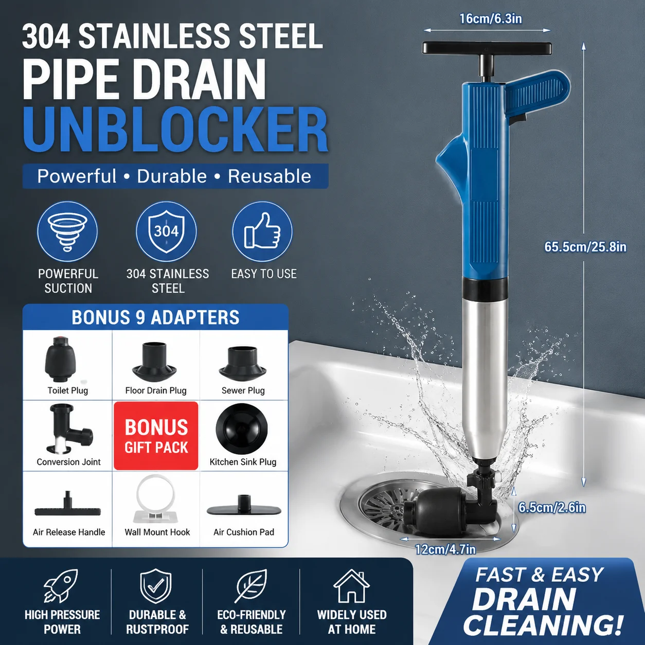 Toilet Plunger High Pressure Drain Unblocker, 4-in-1 Portable Pipe Dredge Tool for Home Bathroom Kitchen Sink Clog Remover