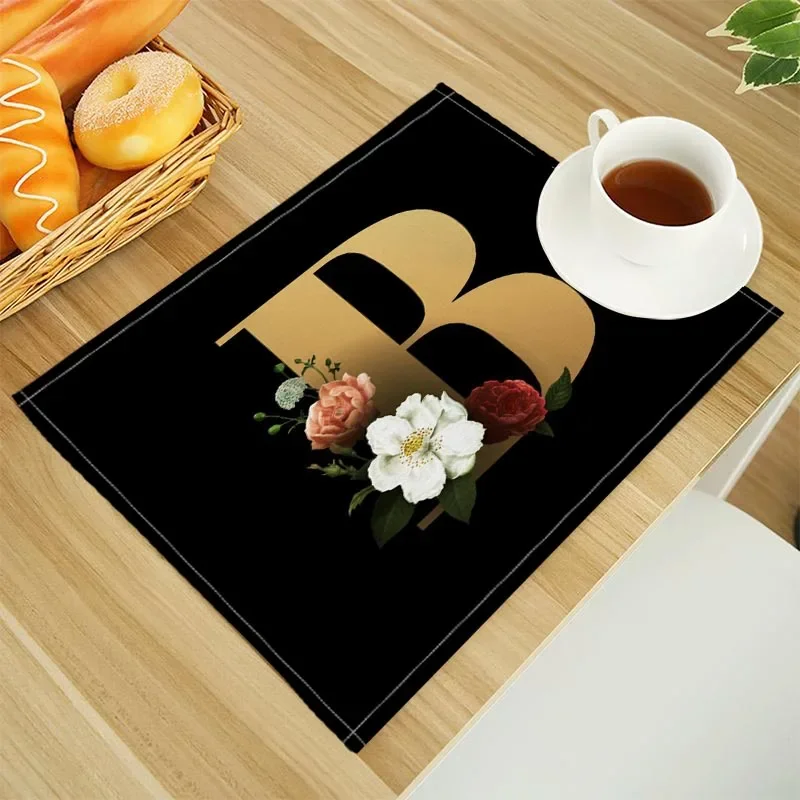 Floral alphabet Print Linen Dining Table Mats Alphabet Kitchen Placemat 32X45cm Coasters Pads Bowl Cup Mat