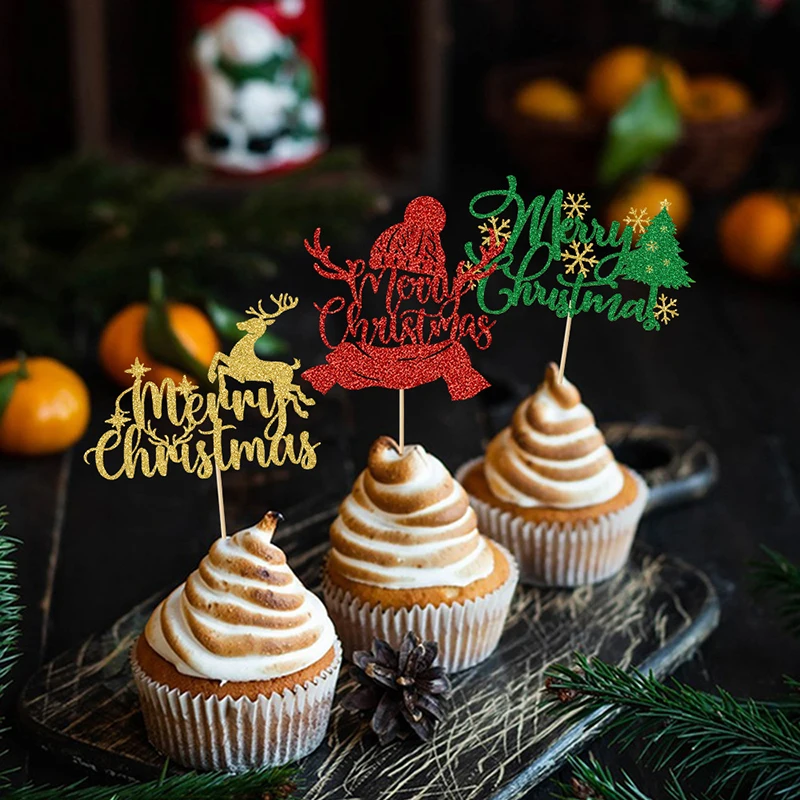 12/24 Stück Weihnachten Cupcake Topper Glitzer Kuchen Topper Weihnachtsbaum Schneemann Frohe Weihnachten Weihnachten Party Dessert Dekoration