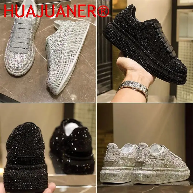 New Brand Women Fashion Casual Glitter Sparkling Sneakers Women Encrusted Lace Up Shoes White Sole Fashion Street Sneakers Shiny