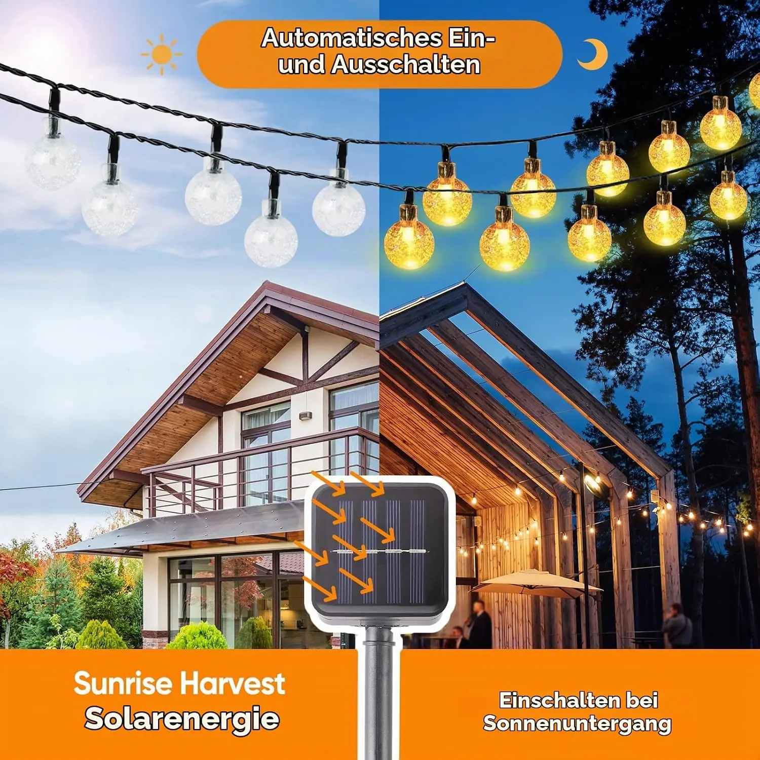 Salcar, luces solares de exterior de 10 metros con 5 metros de luces LED en forma de bolas de cristal, resistente al agua (IP44), 8 modos de iluminación, ideal para decorar jardines, balcones y tiendas de campaña.