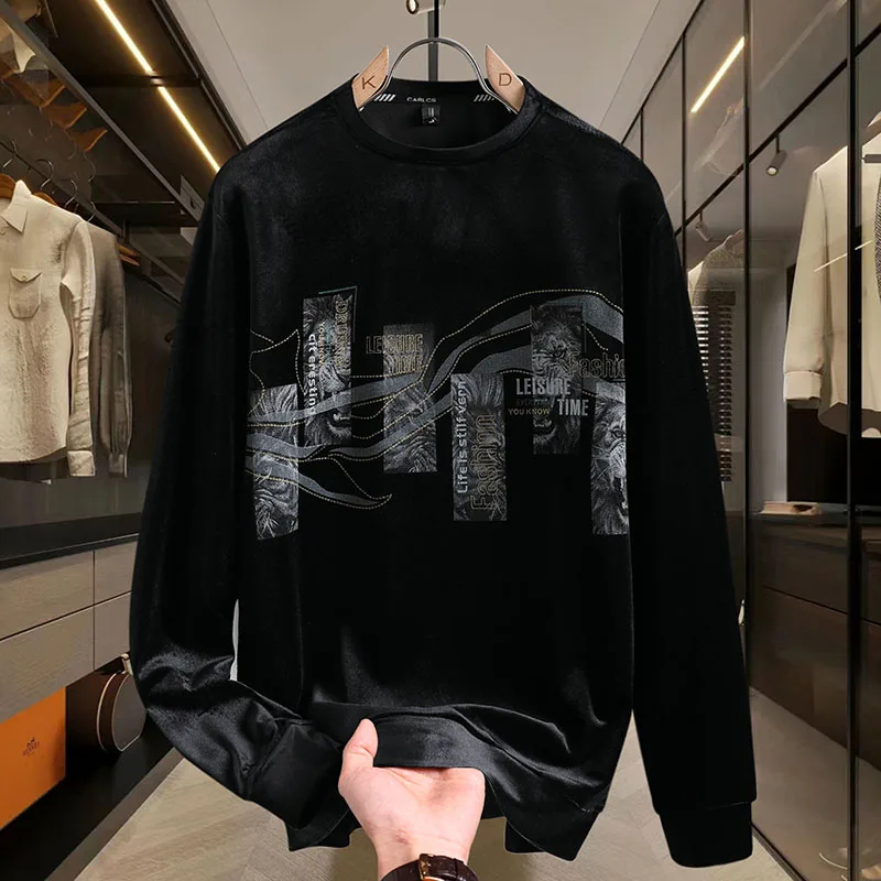 Autumn Golden Velvet Bottoming Shirt for Men Luxurious Hot Stamping Slim Casual Round Neck T-shirts Social Nightclub Streetwear