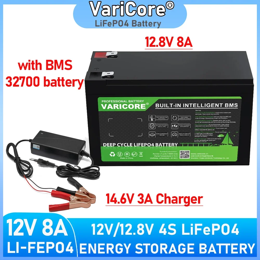 بطارية VariCore 12.8 فولت 8 أمبير LiFePO4 32700 12 فولت ليثيوم ذات دورة عميقة BMS حماية لخلية تخزين الطاقة الزراعية 4S