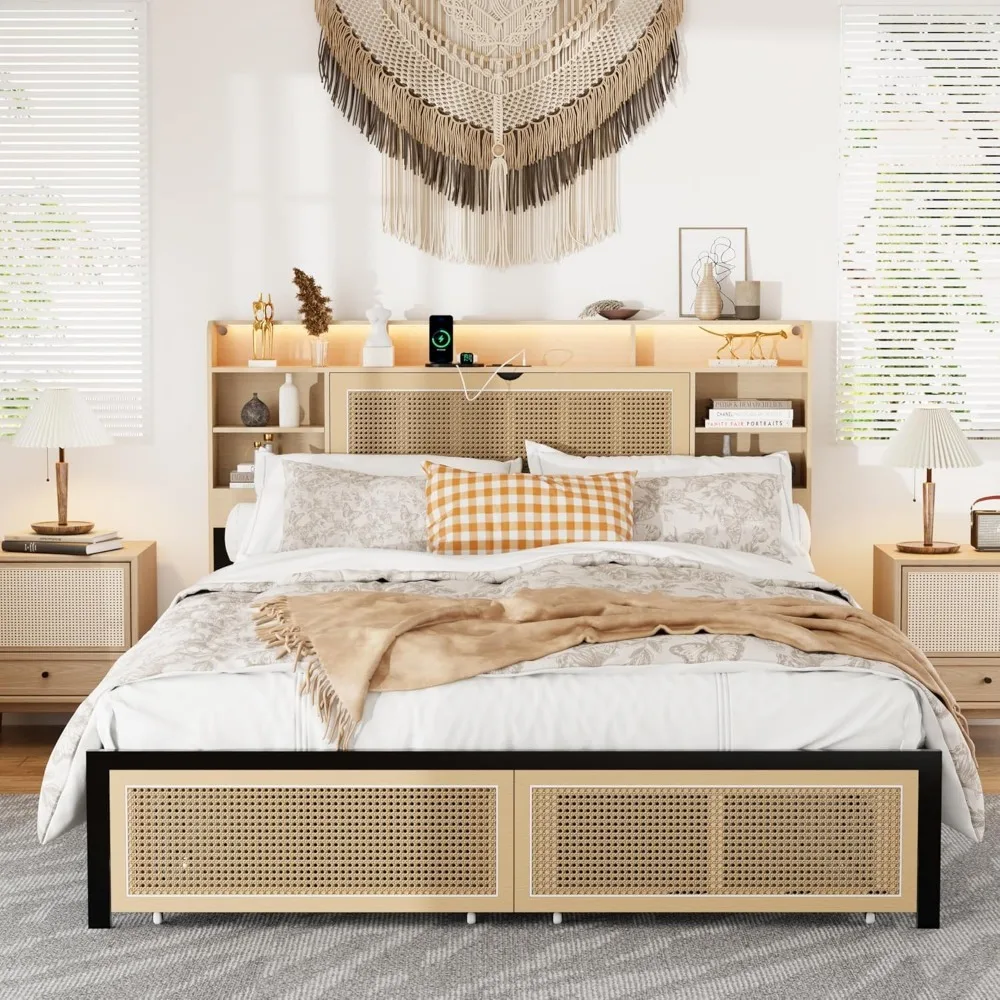 Bed Frame Queen Size with Storage Headboard, Faux Rattan Platform Bed with Charging Station and LED Light,Noise Free, Natural