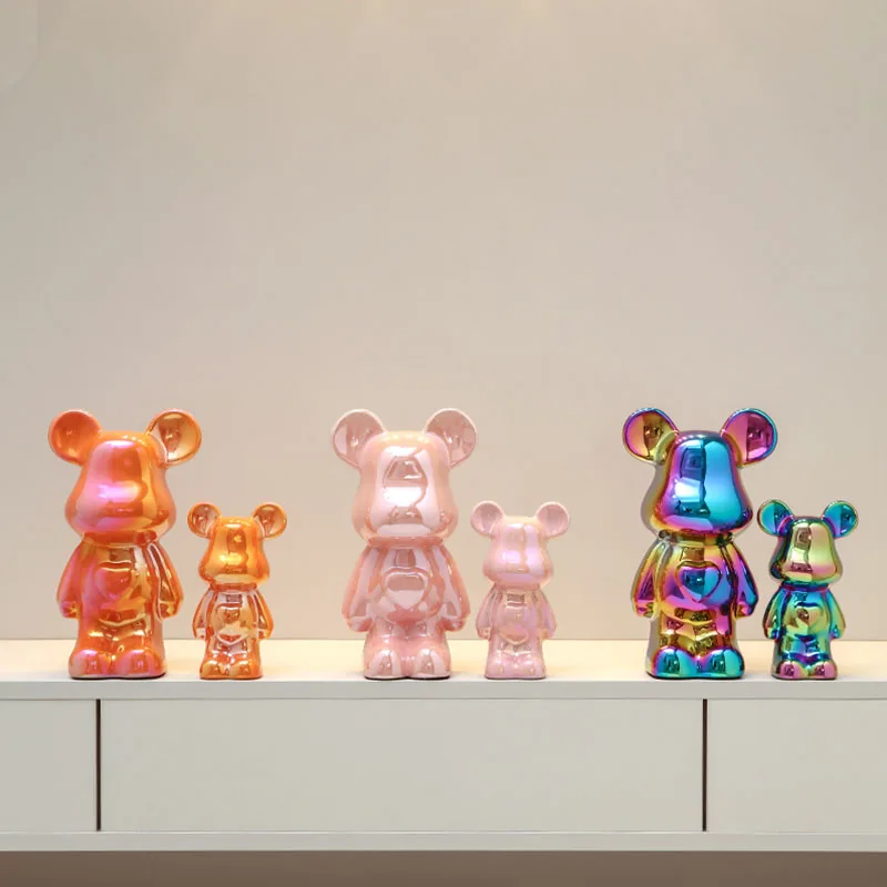 NORTHEUINS Ceramic Luxury Violence Bear Figurines Colorful  Electroplated Teddy Bear Collection Item Living Room Decor Ornaments