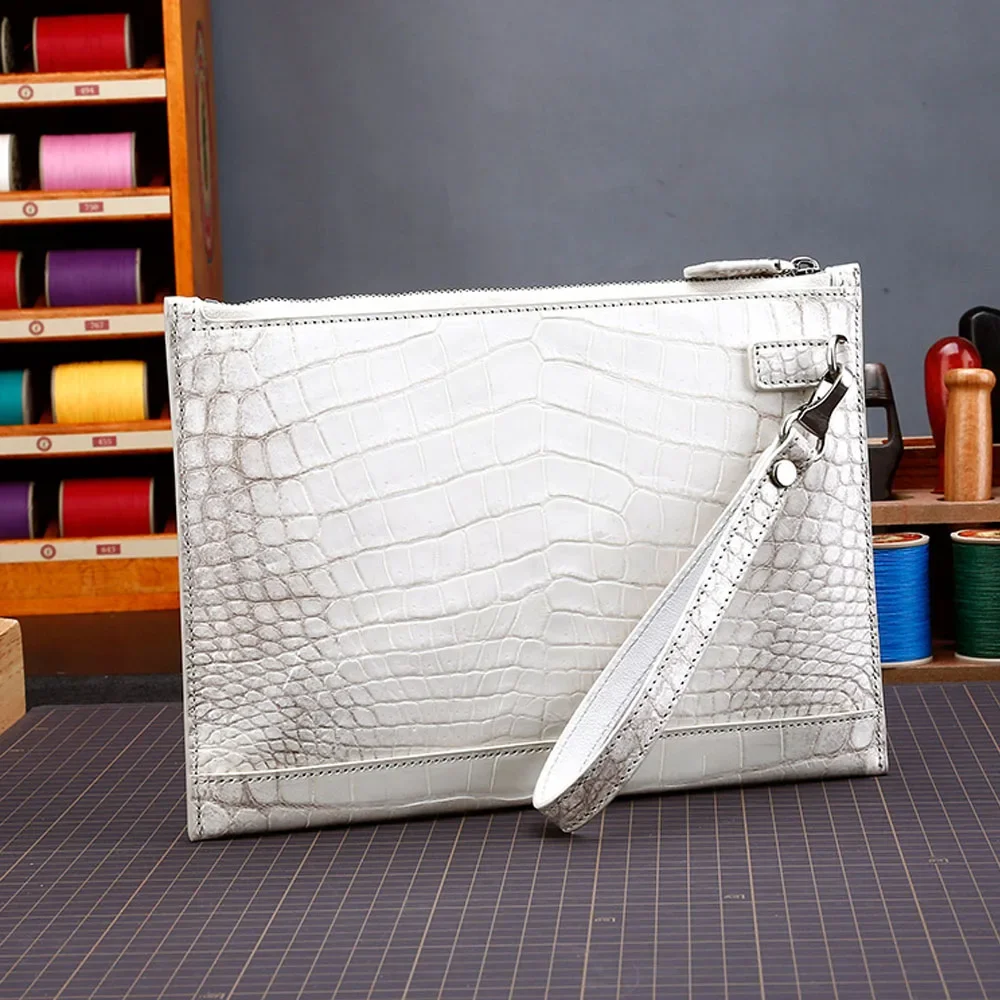 hanlante crocodile leather Thin section men envelope bag  Men and women Hand caught bbusiness men white