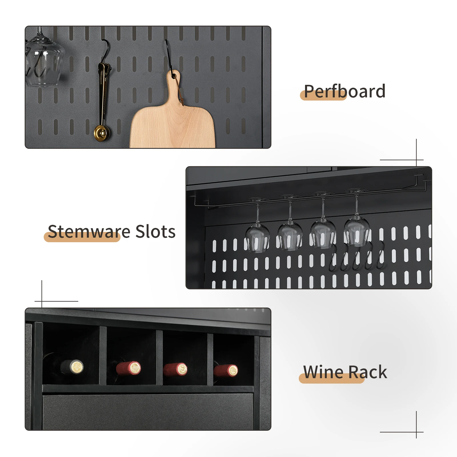 خزانة مخزن، خزانة تخزين المطبخ، حافظة بوفيه قائمة بذاتها مع لوح بيجبورد، حامل أكواب، مخرج طاقة، أسود